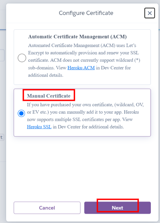 Heroku Manual SSL Option Select