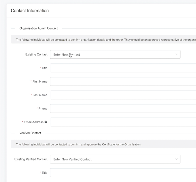 Form to enter organisation contact details