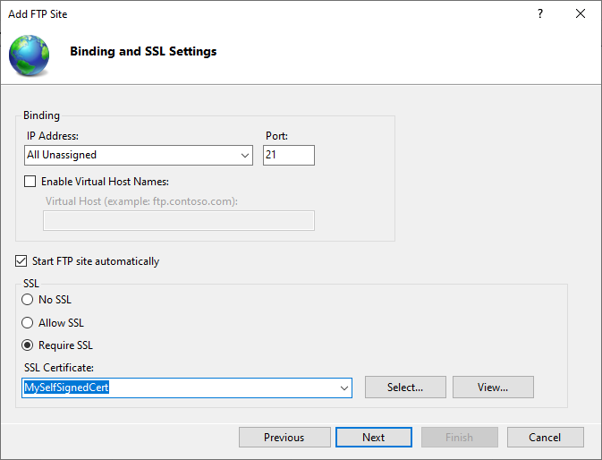 Binding and SSL Settings for IIS FTP Server