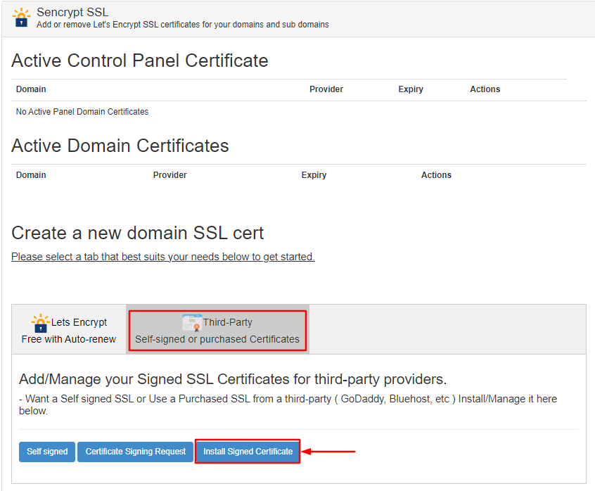 Sentora Third Party & Signed SSL Certificate Select