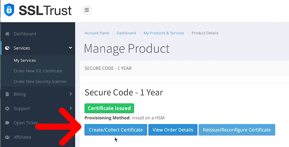 Collect Code SIgning Certificate button