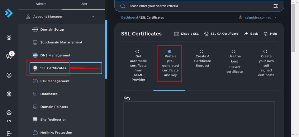 DirectAdmin Pre Generated SSL Select