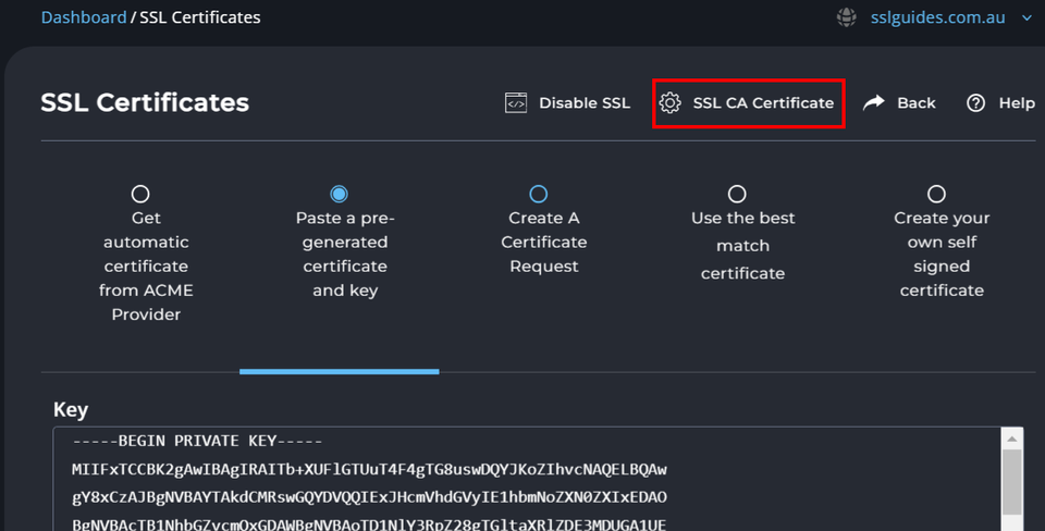 DirectAdmin CA Certificate Option Select