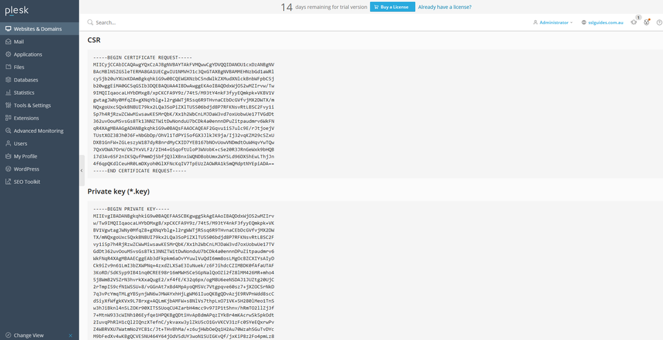 Plesk CSR and Private Key created