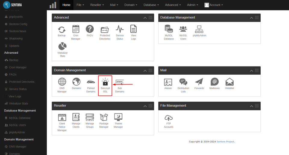 Sentora Dashboard SSL Option Select