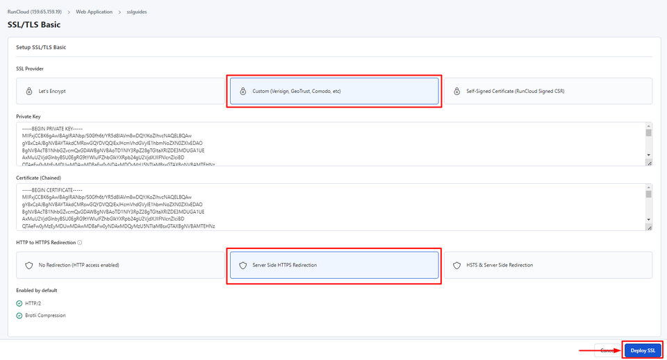 RunCloud SSL Enter Details